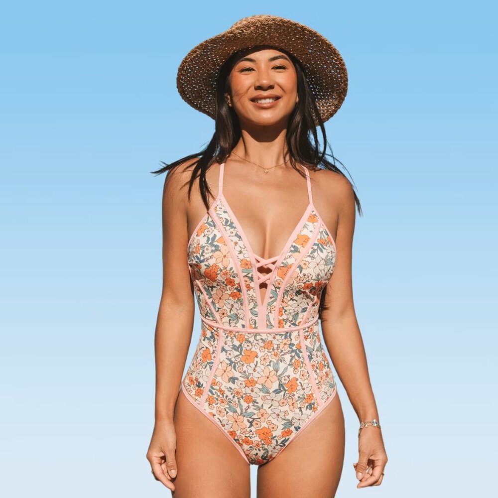 CupShe NEW Women's Floral Apricot One Piece With Front Criss Cross Detail - Picture 3 of 14